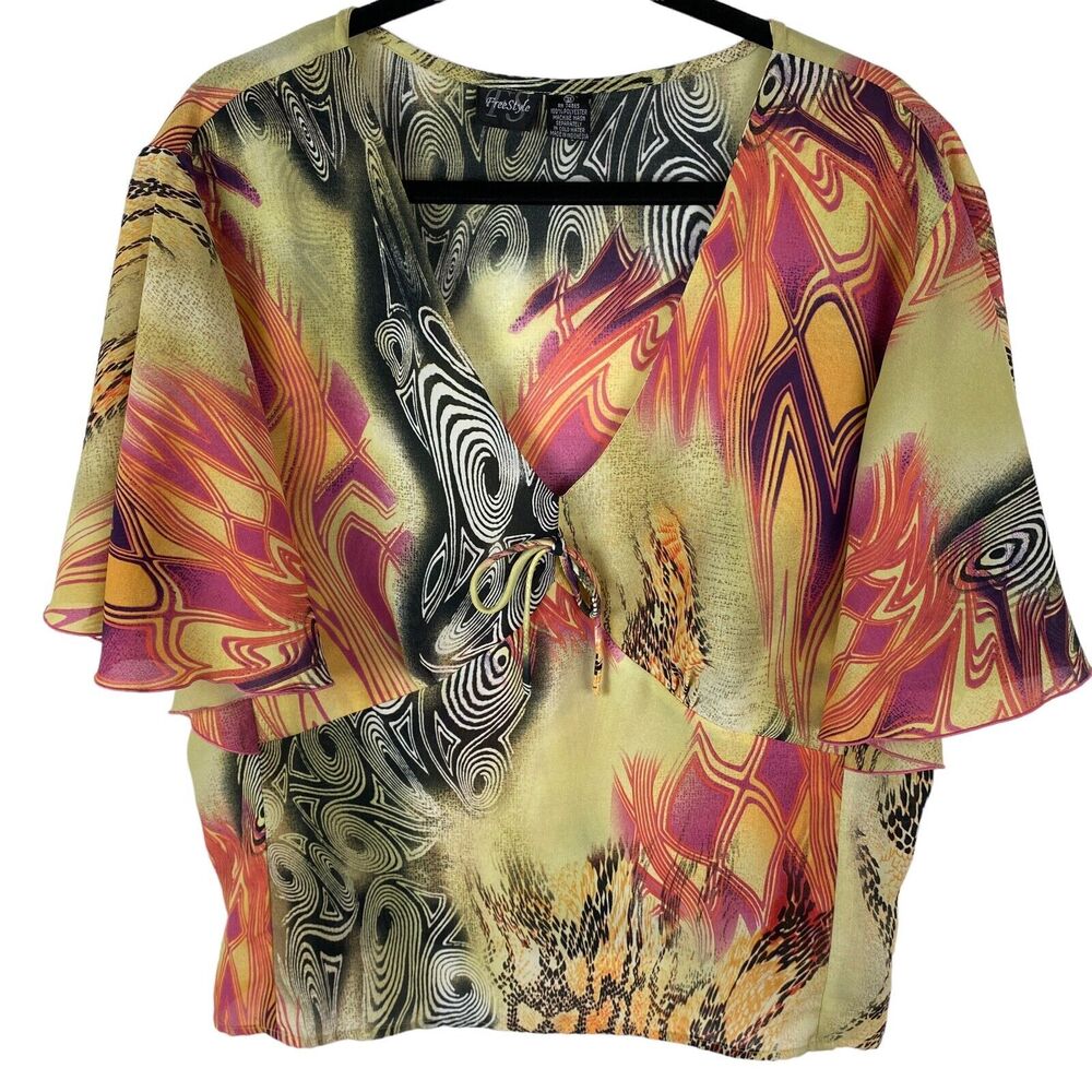 Freestyle Blouse Top Size 3X Multi-Color Abstract Print Short Batwing Sleeves